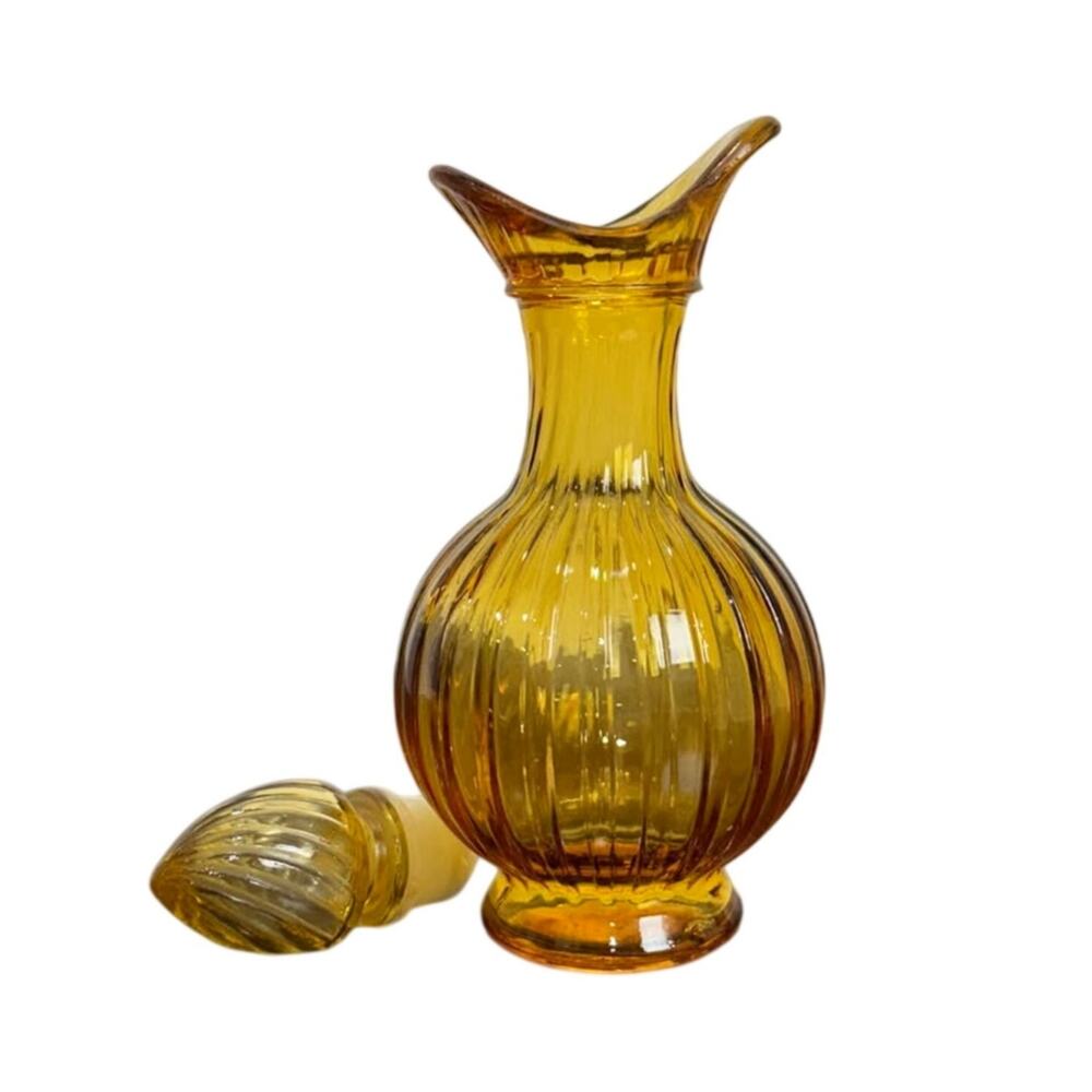 Vintage Avon Amber Glass Cruet Bath Oil Bottle w/ Matching Bottle Topper - EUC